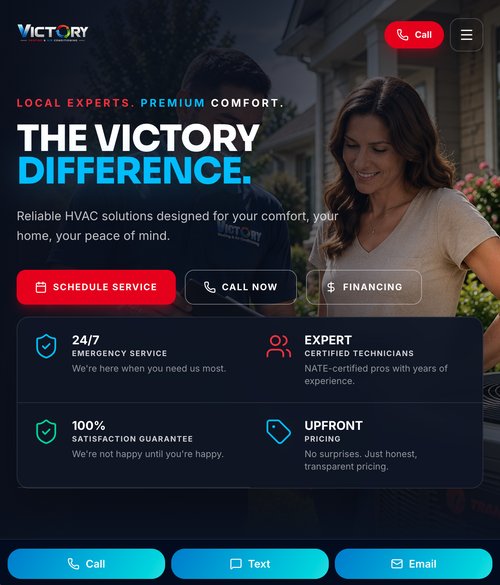 Victory Heating and Air Conditioning website on tablet