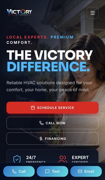 Victory Heating and Air Conditioning website on mobile phone